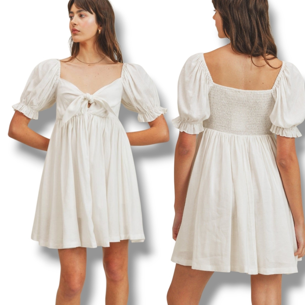 NWT MABLE ARIYA FRONT RIBBON TIED MINI Dress In OFF WHITE SZ L